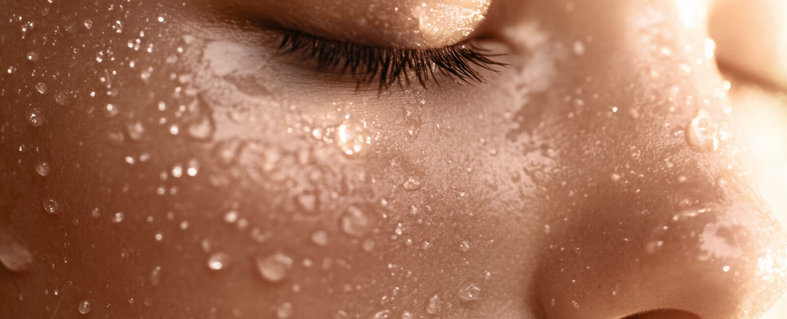 Makroaufnahme einer Hautpartie mit geschlossenen Augen, übersät mit glitzernden Wassertropfen. Dieses Detailbild steht für die intensive Hydration und Reinigung, die ein Aquafacial bietet – besonders wertvoll für eine strahlende Haut und porentiefe Tiefenreinigung im Sommer.