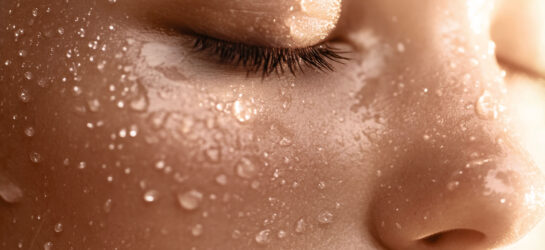 Sonne und Hautstress: Tiefenreinigung im Sommer Makroaufnahme einer Hautpartie mit geschlossenen Augen, übersät mit glitzernden Wassertropfen. Dieses Detailbild steht für die intensive Hydration und Reinigung, die ein Aquafacial bietet – besonders wertvoll für eine strahlende Haut und porentiefe Tiefenreinigung im Sommer.