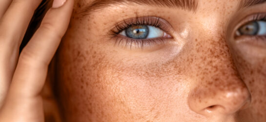 Hier sieht man ein Bild das für Pigmentflecken loswerden steht. Man sieht eine Frau mit vielen Sommersprossen und braungebrannter Haut im Gesicht.